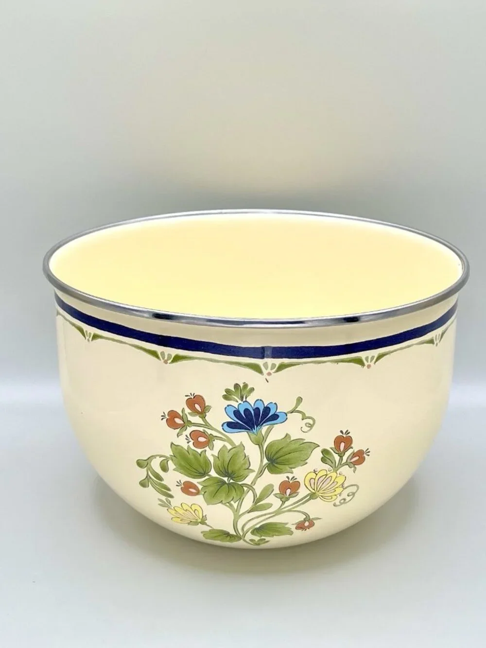 Vintage 1980s Kobe JCPenney Enamelware Floral Mixing Bowl Cottagecore Farmhouse